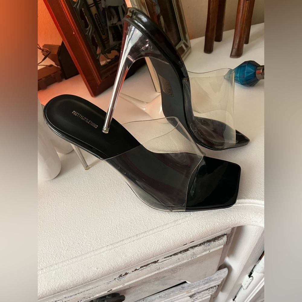 PrettyLittle Thing black and clear stiletto mule